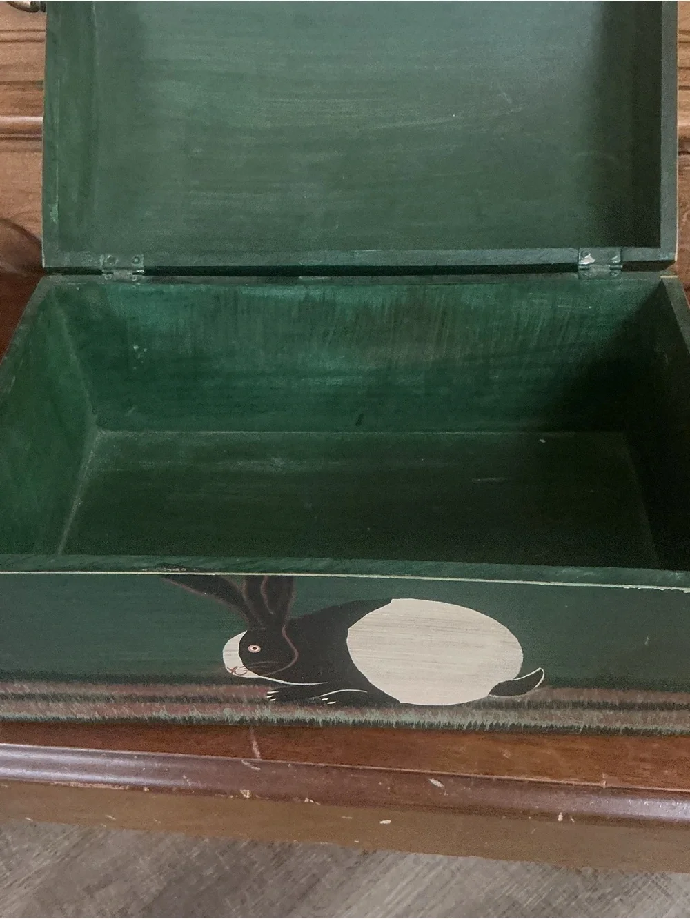 Vintage Warren Kimble Wooden Box Folk Art Green Trunk Bunny Rabbit Keepsake 12